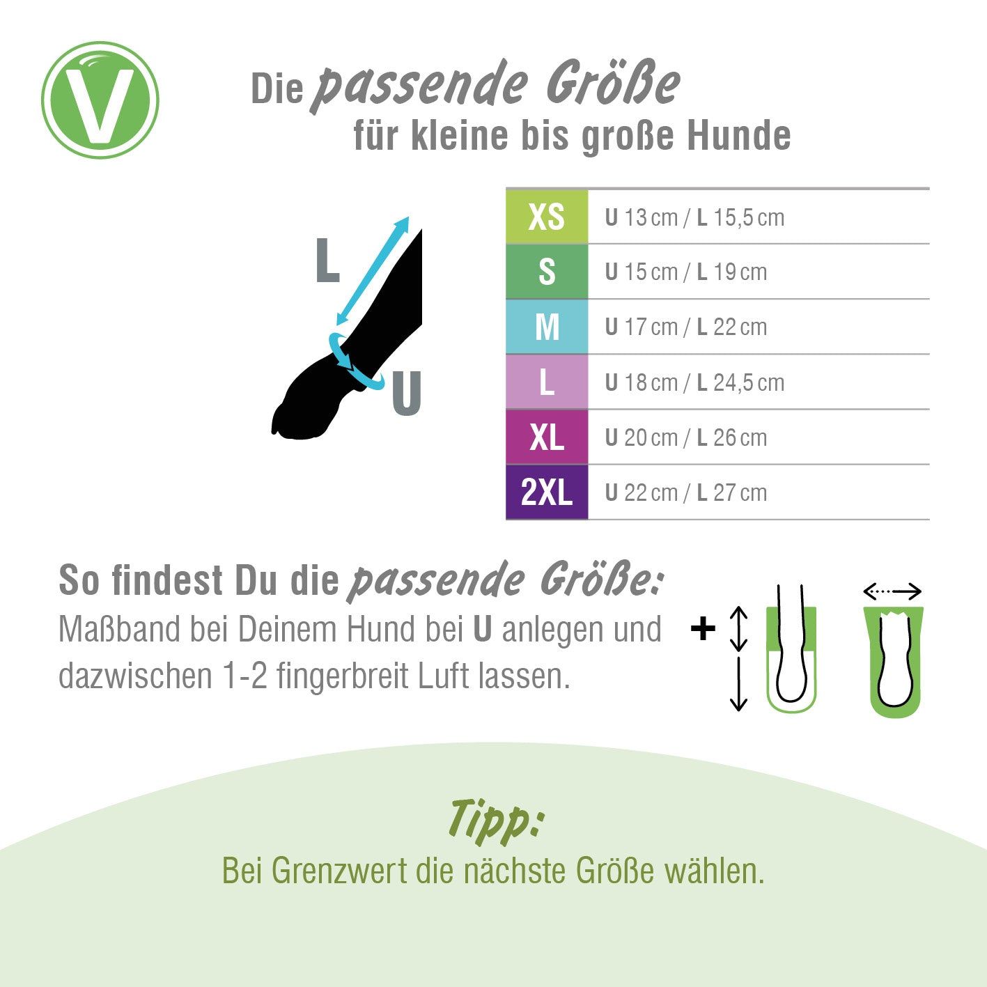 Größentabelle für Pfotenschutzschuhe. Größen: XS bis 2XL. Illustrationen zur Messung der Pfote.