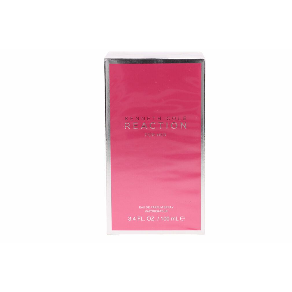 Verpackung von Kenneth Cole Reaction Eau De Parfum Spray. Rosa Farbverlauf mit silberner Schrift. 3.4 FL. OZ / 100 ml.