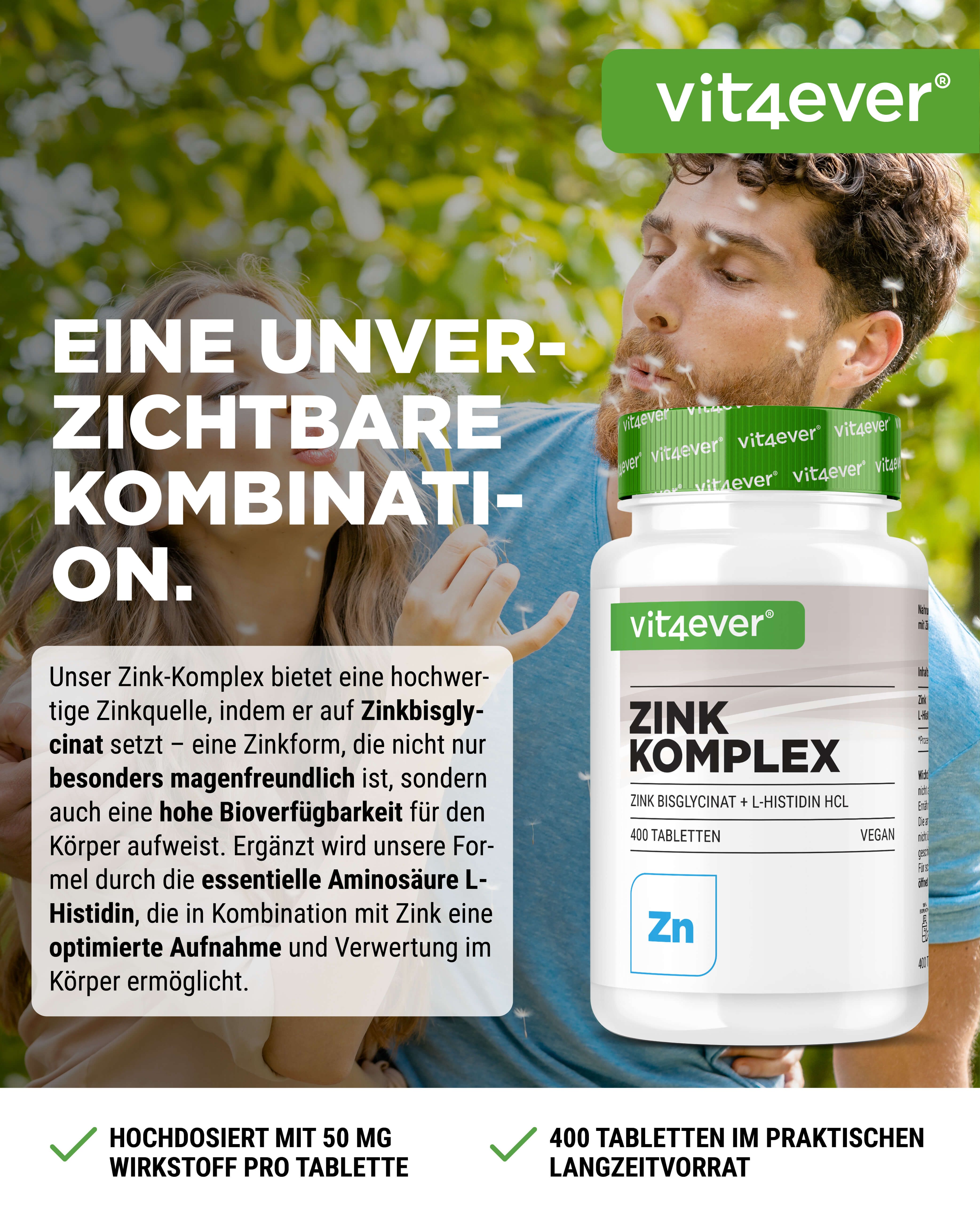 vit4ever Zink Advanced - Zinkbisglycinat + L-Histidin 400 St