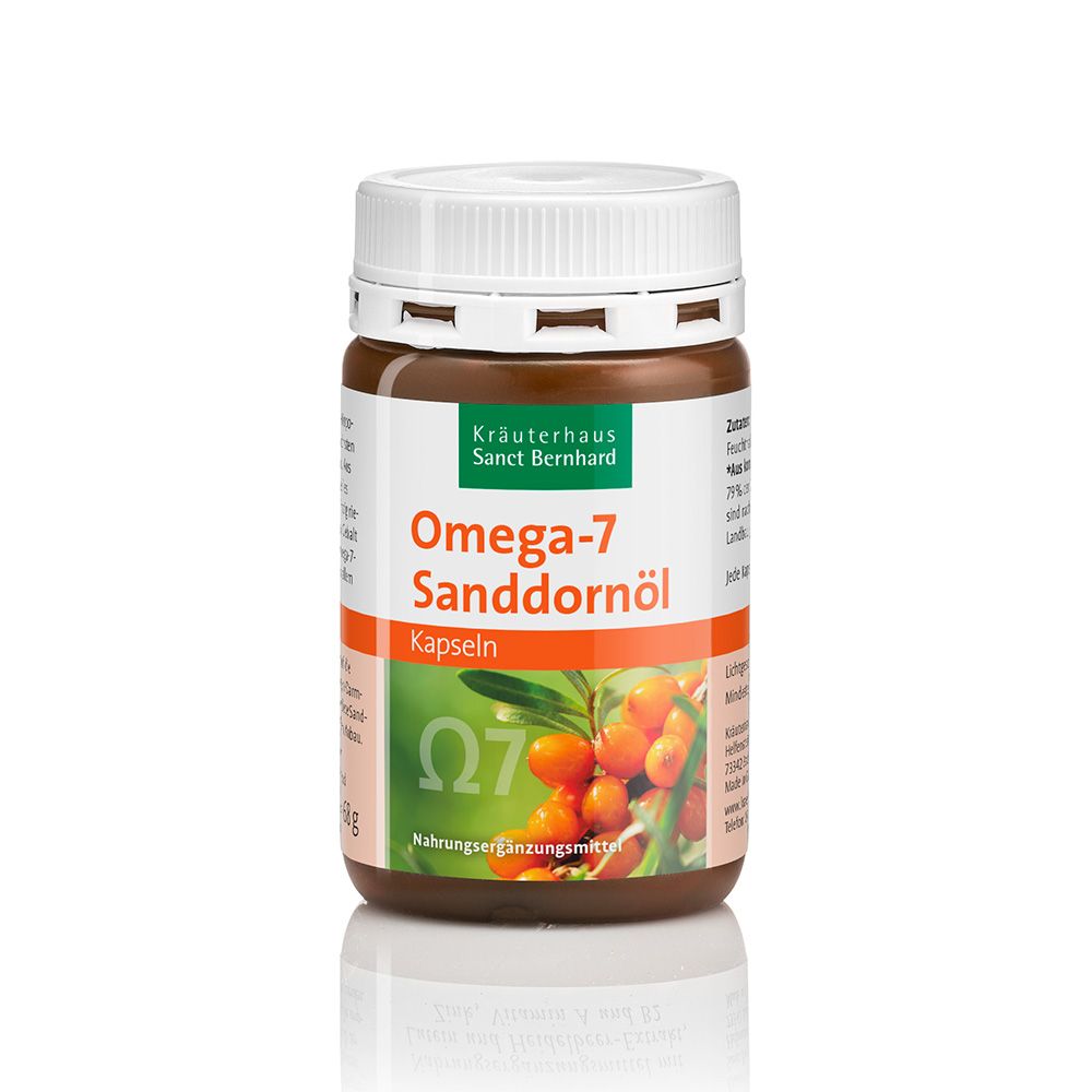 Braune Dose mit weißem Deckel. Aufschrift: Omega-7 Sanddornöl Kapseln. Logo: Kräuterhaus Sanct Bernhard.