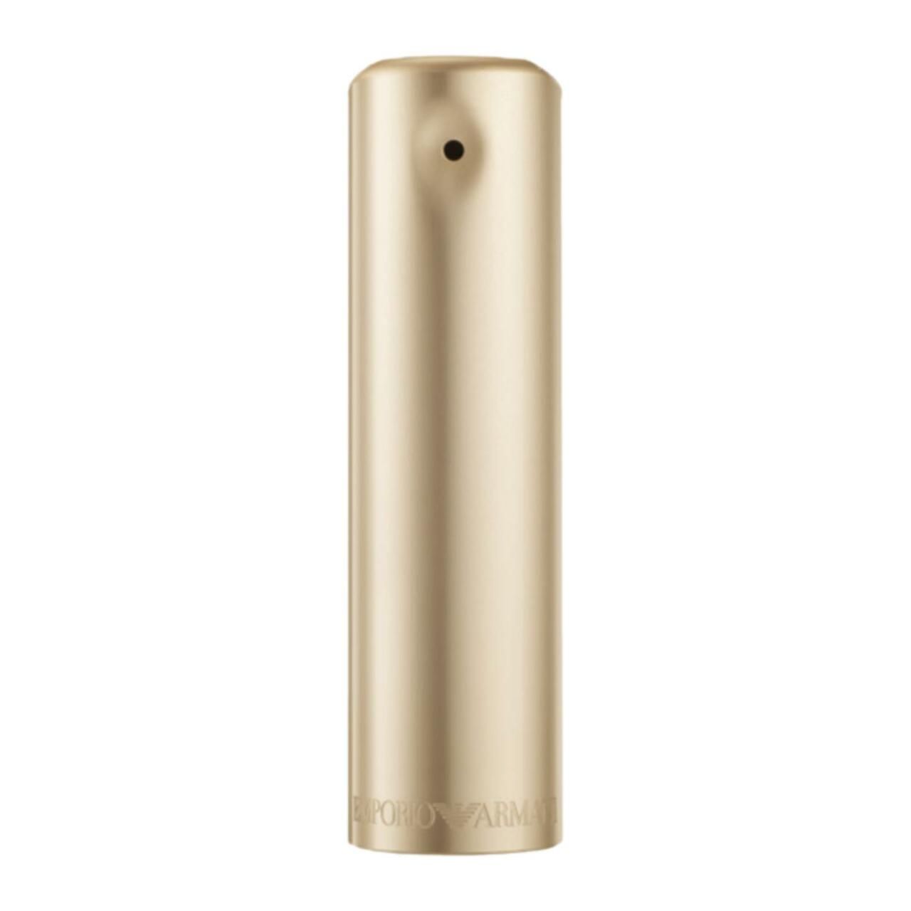 Goldfarbener Flakon. Emporio Armani-Logo am Boden. Zylindrische Form mit abgerundeter Kappe und Sprühöffnung.