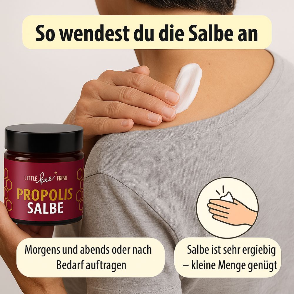 Person zeigt Salbe auf Schulter. Braunglas-Tiegel mit "PROPOLIS SALBE" und "Little bee fresh". Grafik: Salbe auftragen.
