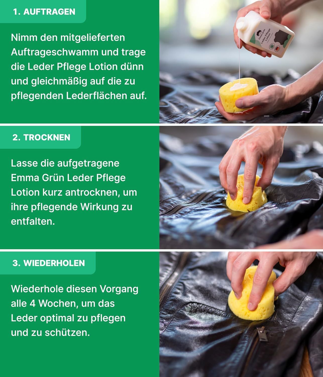 Emma Grün® Lederpflege Lotion mit Bienenwachs inkl. wiederverwendbarem Schwamm