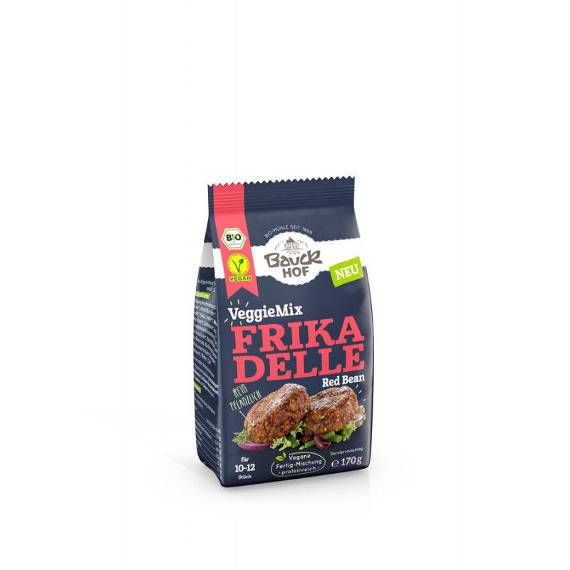 Verpackung mit "VeggieMix Frikadelle". Bio-Siegel, veganes Logo und "NEU"-Hinweis. Abbildung von Frikadellen.