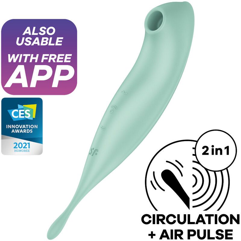 Mintfarbener Vibrator mit abgerundetem Kopf. Text: 'ALSO USABLE WITH FREE APP', 'CIRCULATION + AIR PULSE'.