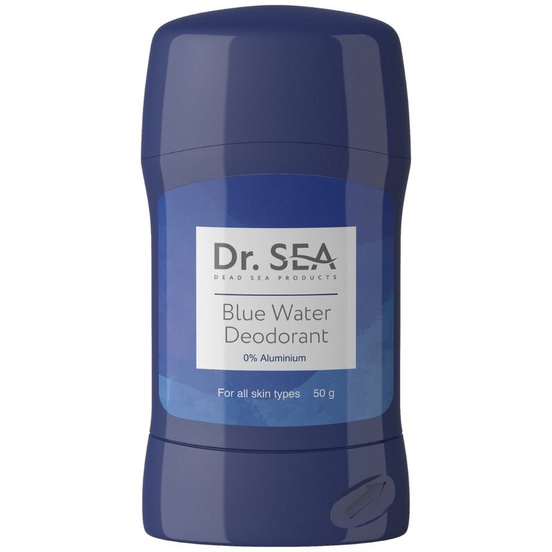 Blauwe deodorantstick. Opschrift: Dr. SEA, Blue Water Deodorant, 0% Aluminium, voor alle huidtypen, 50 g.