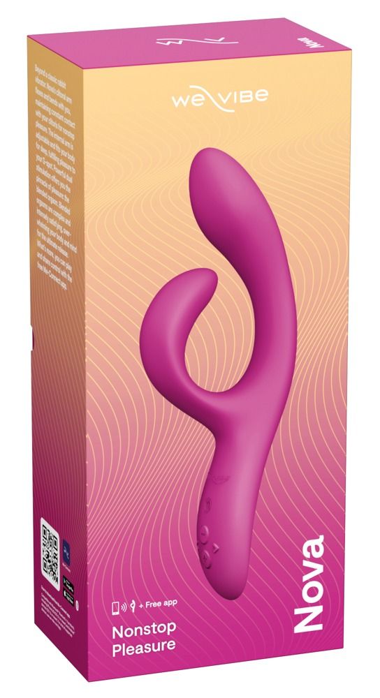 Rosa Vibrator in Verpackung. Verpackung mit Logo, Produktname und Text. Geschwungene Form.