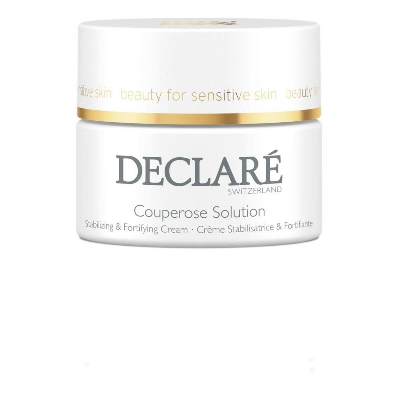 Weißer Tiegel mit goldfarbenem Rand. Aufschrift: DECLARÉ Couperose Solution. Text: Stabilizing & Fortifying Cream.