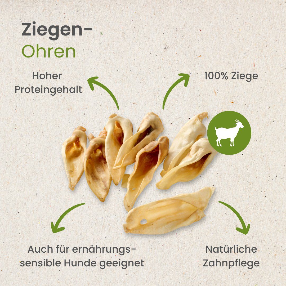 Getrocknete Ziegenohren: 100% Ziegenfleisch, hoher Proteingehalt, natürliche Zahnpflege.