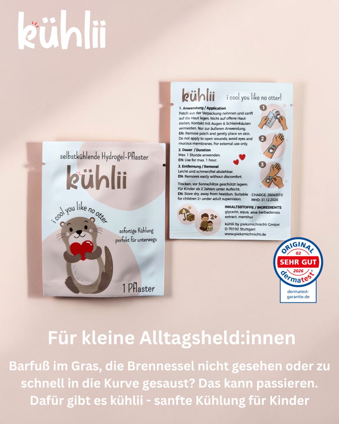 Einzelne Kühlpflaster-Verpackung und offene Packung mit Anwendungshinweisen.