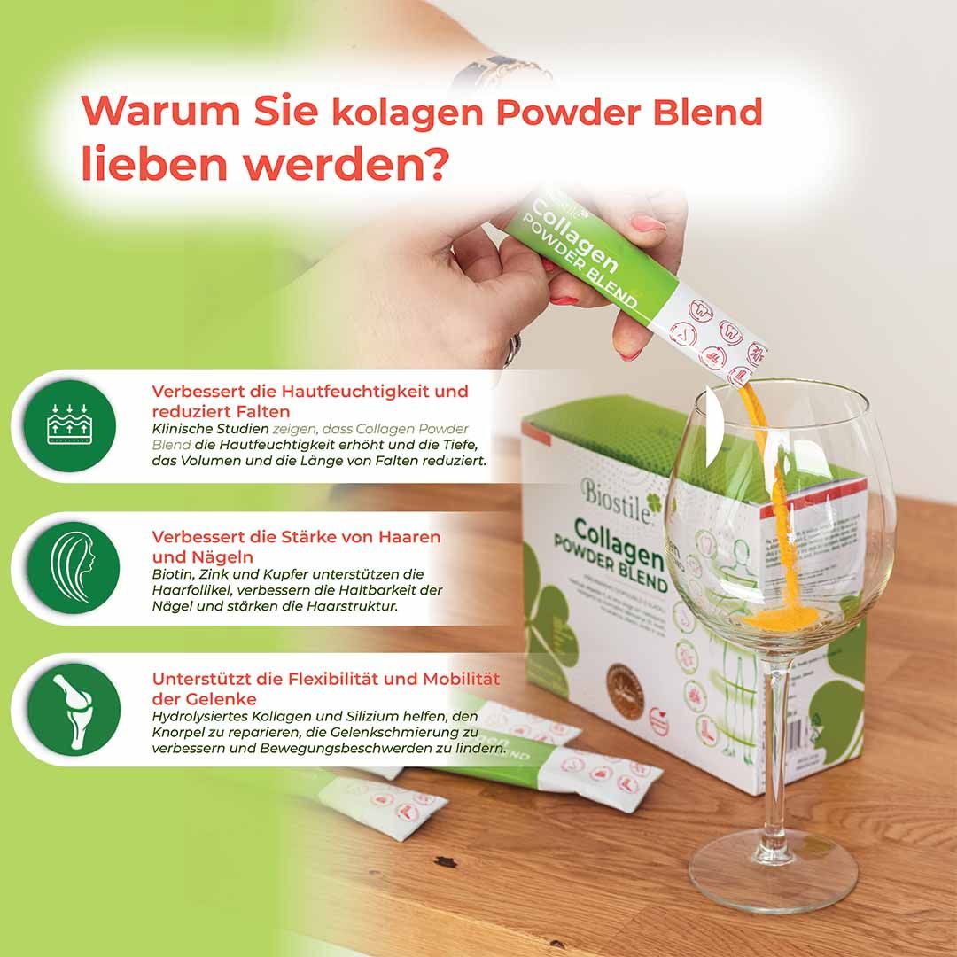Hand gießt Biostile Collagen Powder Blend in ein Weinglas. Einzelner Beutel und Packung sichtbar.