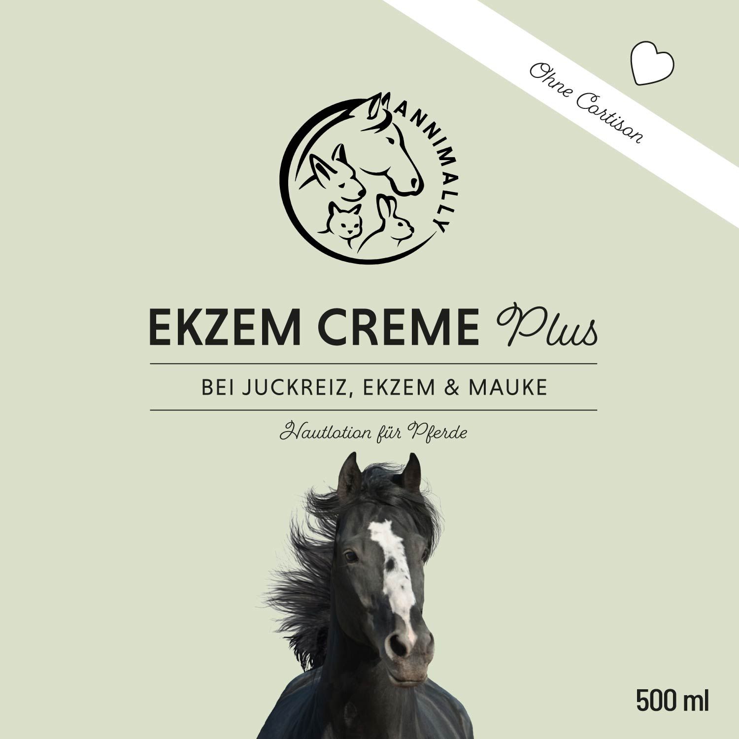 Etikett Annimally Ekzem Creme Plus. Text: Bei Juckreiz, Ekzem & Mauke. Hautlotion für Pferde. Abbildung: Pferd mit weißer Blesse, 500 ml.