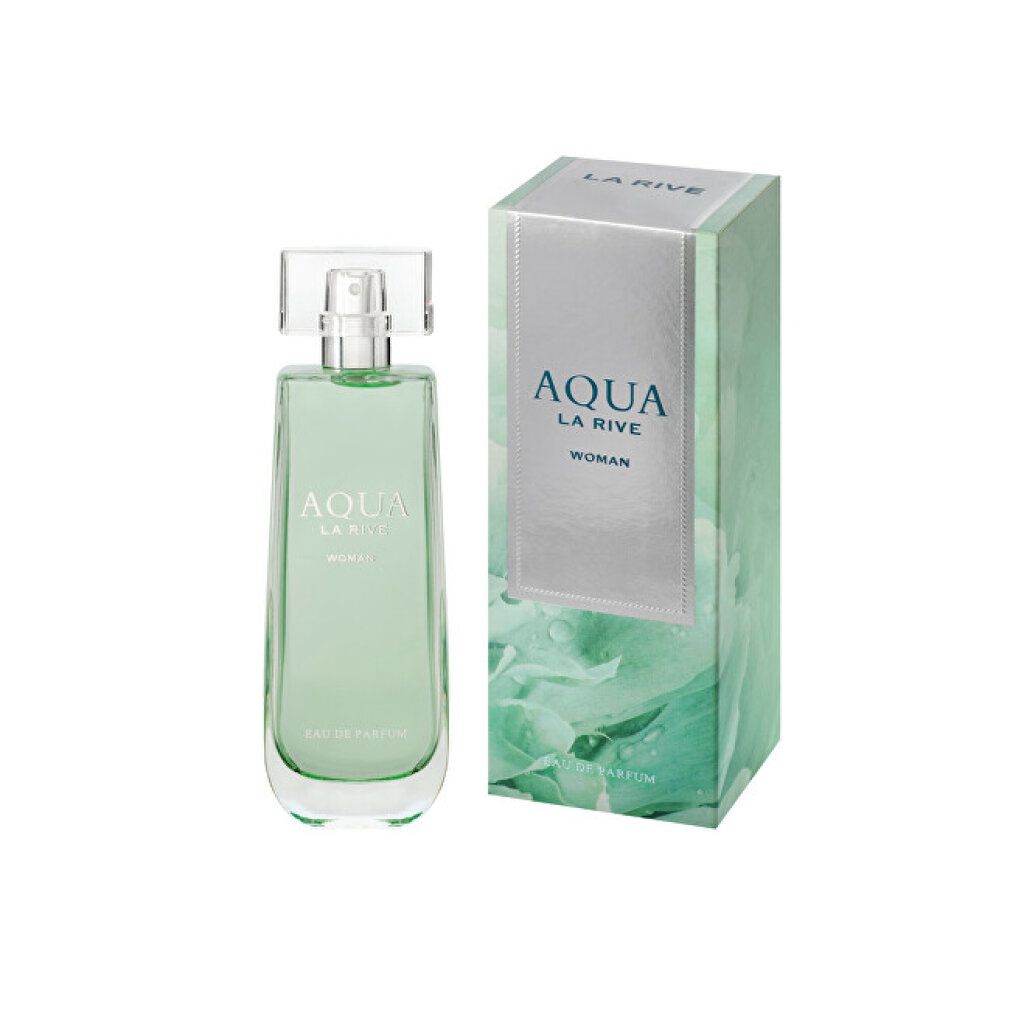 Grünes Parfümflakon mit silberner Kappe und grüner Verpackung. Aufschrift: AQUA LA RIVE WOMAN.