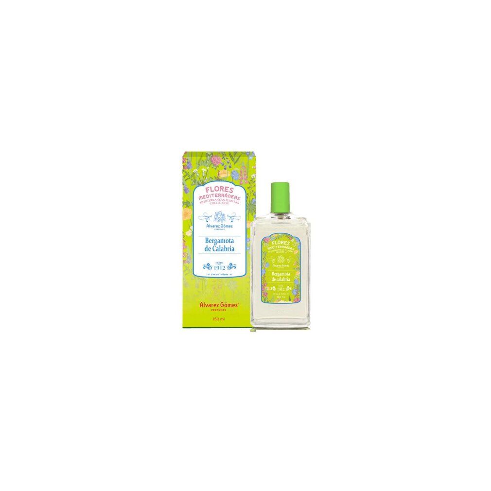 Flakon und Schachtel mit Aufschrift Flores Mediterráneas Bergamota de Calabria. Grüne Schachtel, transparente Flasche mit grünem Deckel.