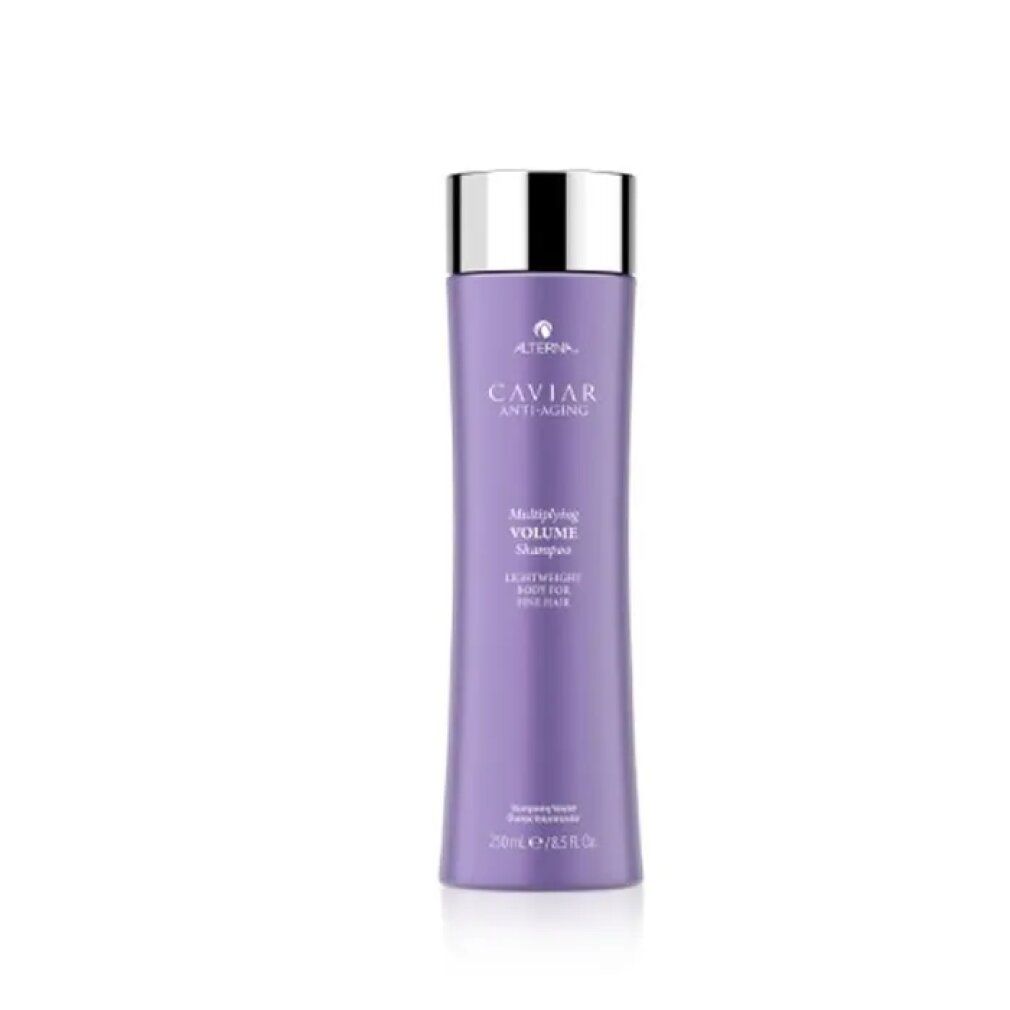 Lila Shampoo-Flasche mit silbernem Deckel. Aufschrift: Alterna Caviar Anti-Aging Multiplying Volume Shampoo.