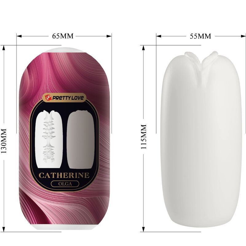 Verpackung und Produkt. Verpackung mit Produktabbildung und Maßen. Produkt: weißer Masturbator.