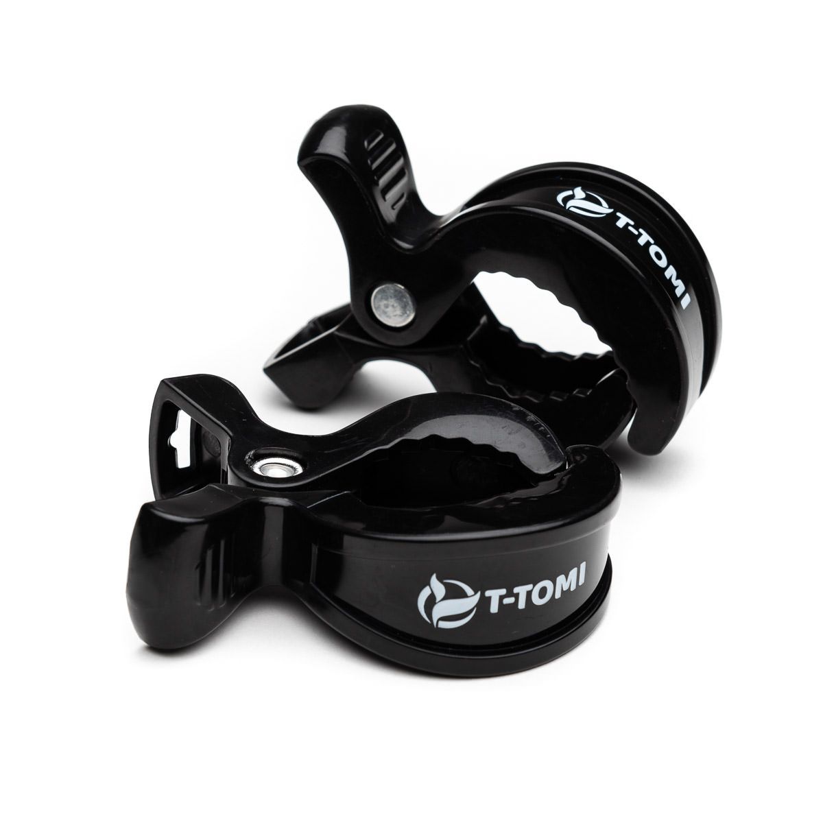 Zwei schwarze T-TOMI Clips mit Logo, auf weißem Hintergrund.