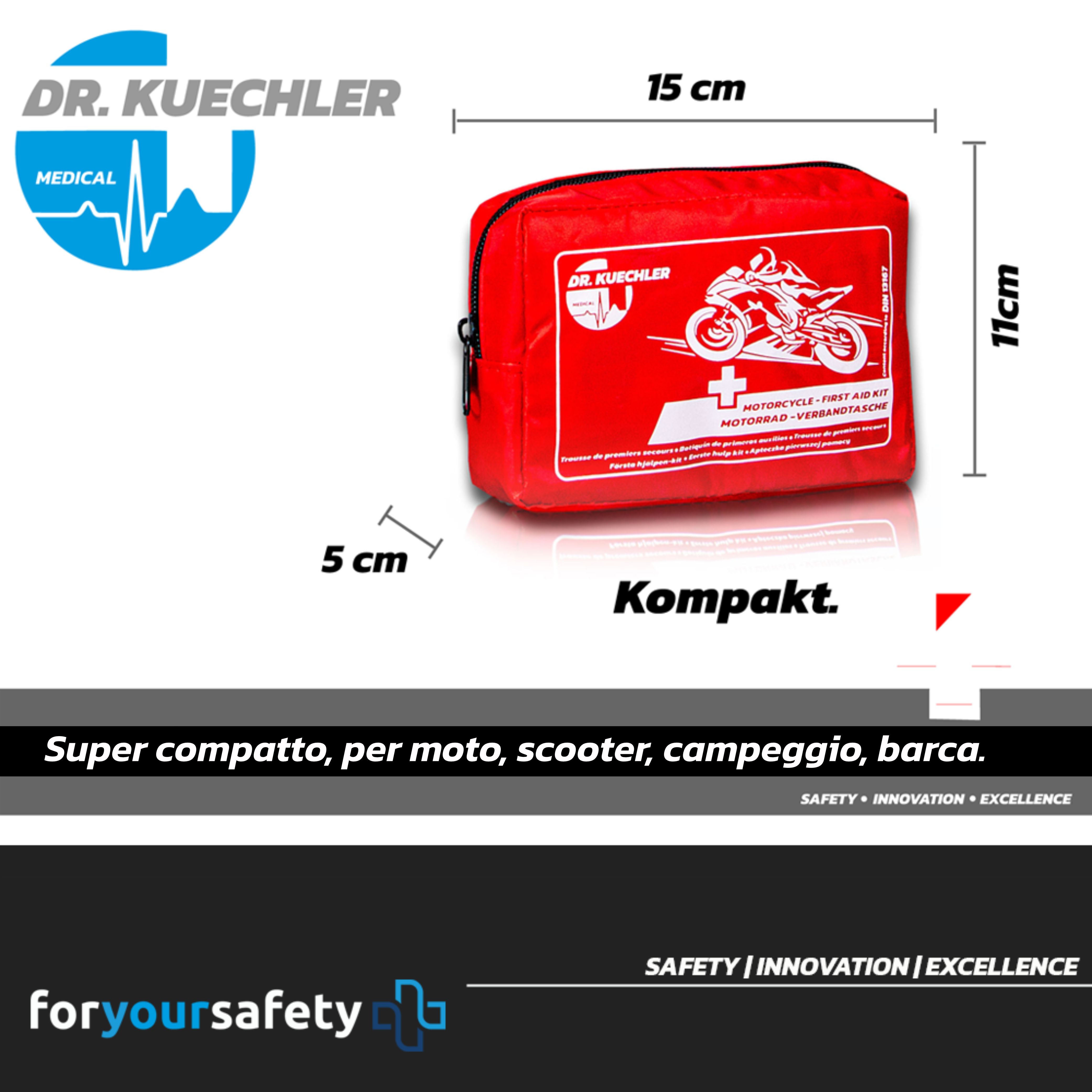 Rote Erste-Hilfe-Tasche mit Logo. Maße: 15x11x5 cm. Text: Kompakt. Geeignet für Motorrad, Roller, Camping, Boot.