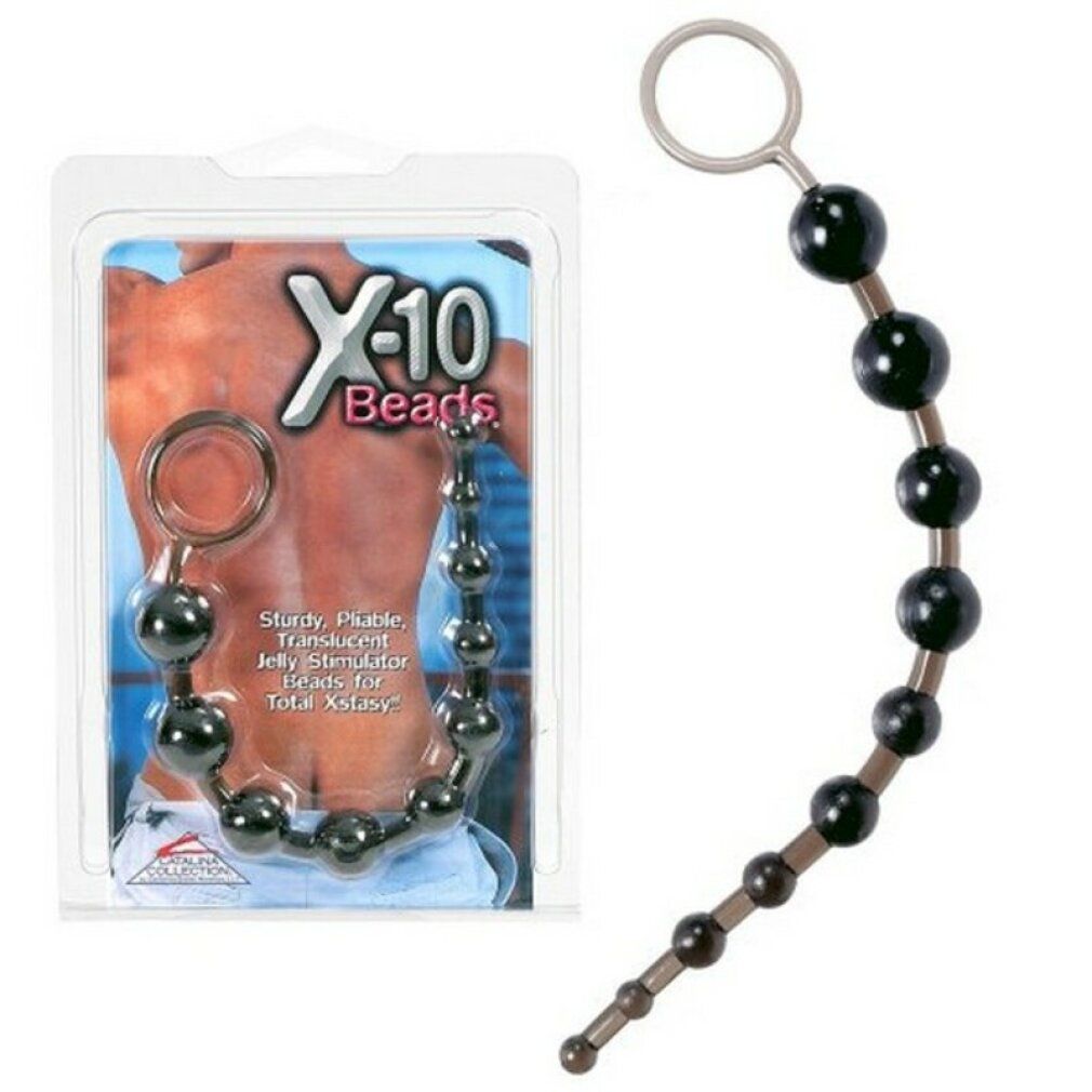 Produktverpackung mit Kugelkette. Text: X-10 Beads. Abgebildet ist ein Mann. Transparente Verpackung.