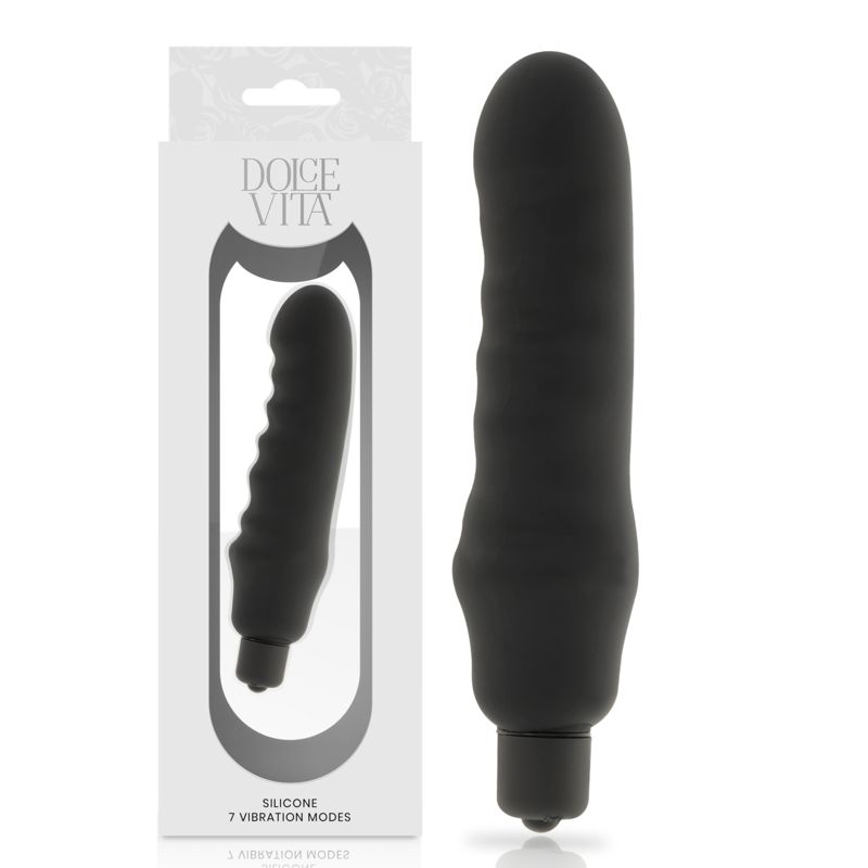 Schwarzer Silikon-Vibrator mit geriffelter Oberfläche. Verpackung mit Produktabbildung und Markennamen Dolce Vita.