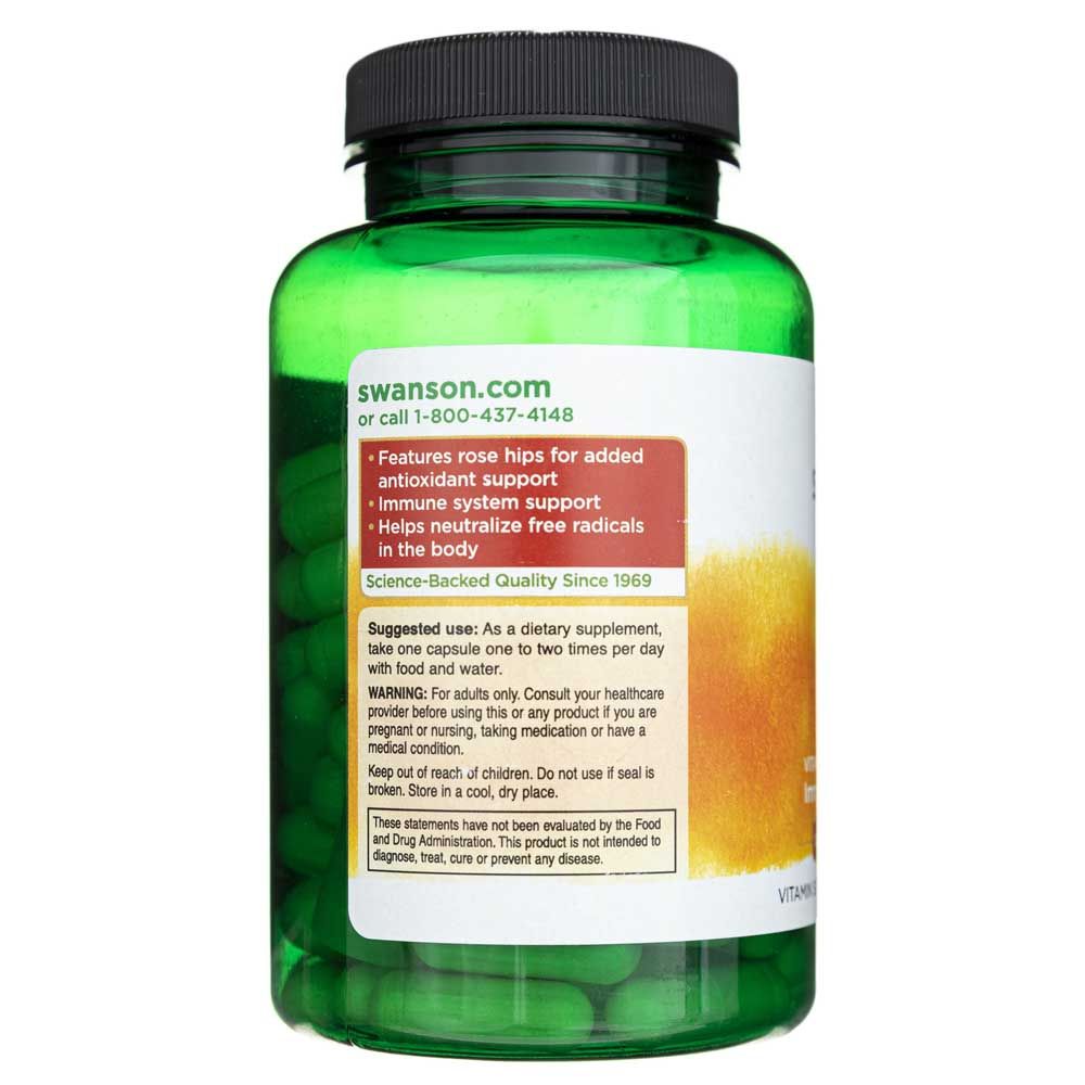 Rückseite einer grünen Dose mit Swanson C-1000 Vitamin C, mit Hinweisen zu Hagebuttenextrakt und Immunsystem.