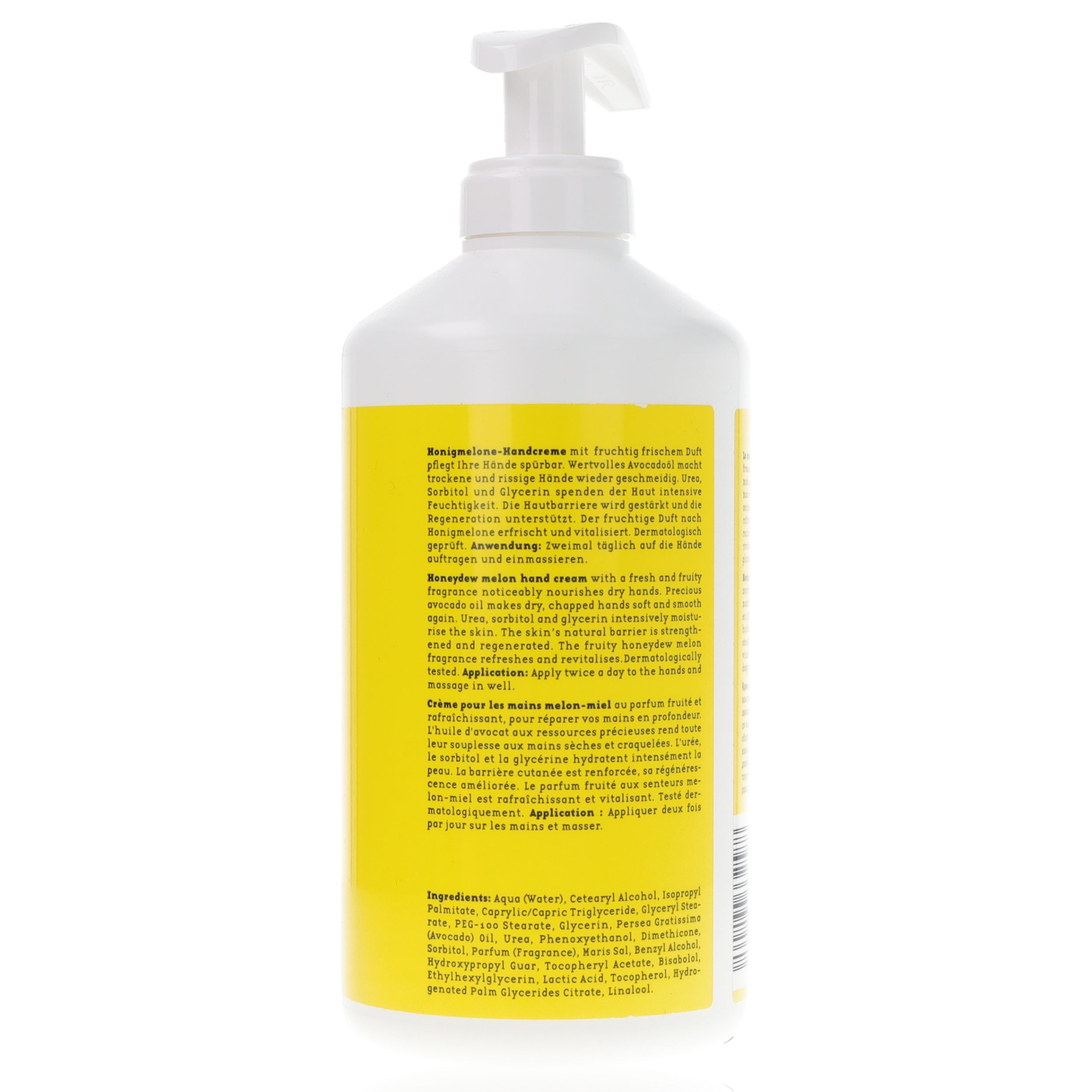 Rückseite der weißen Flasche mit gelbem Etikett. Text in mehreren Sprachen. Inhaltsstoffe und Anwendungshinweise.