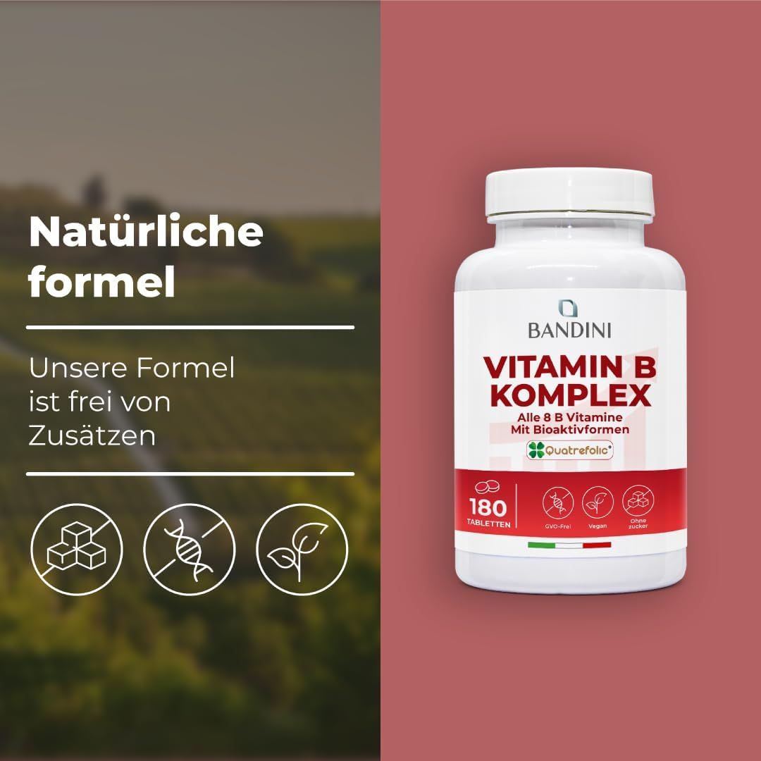 Weiße Flasche Bandini Vitamin B Komplex Tabletten. Text: Natürliche Formel. Frei von Zusätzen. Icons: Zucker, DNA, Blatt.