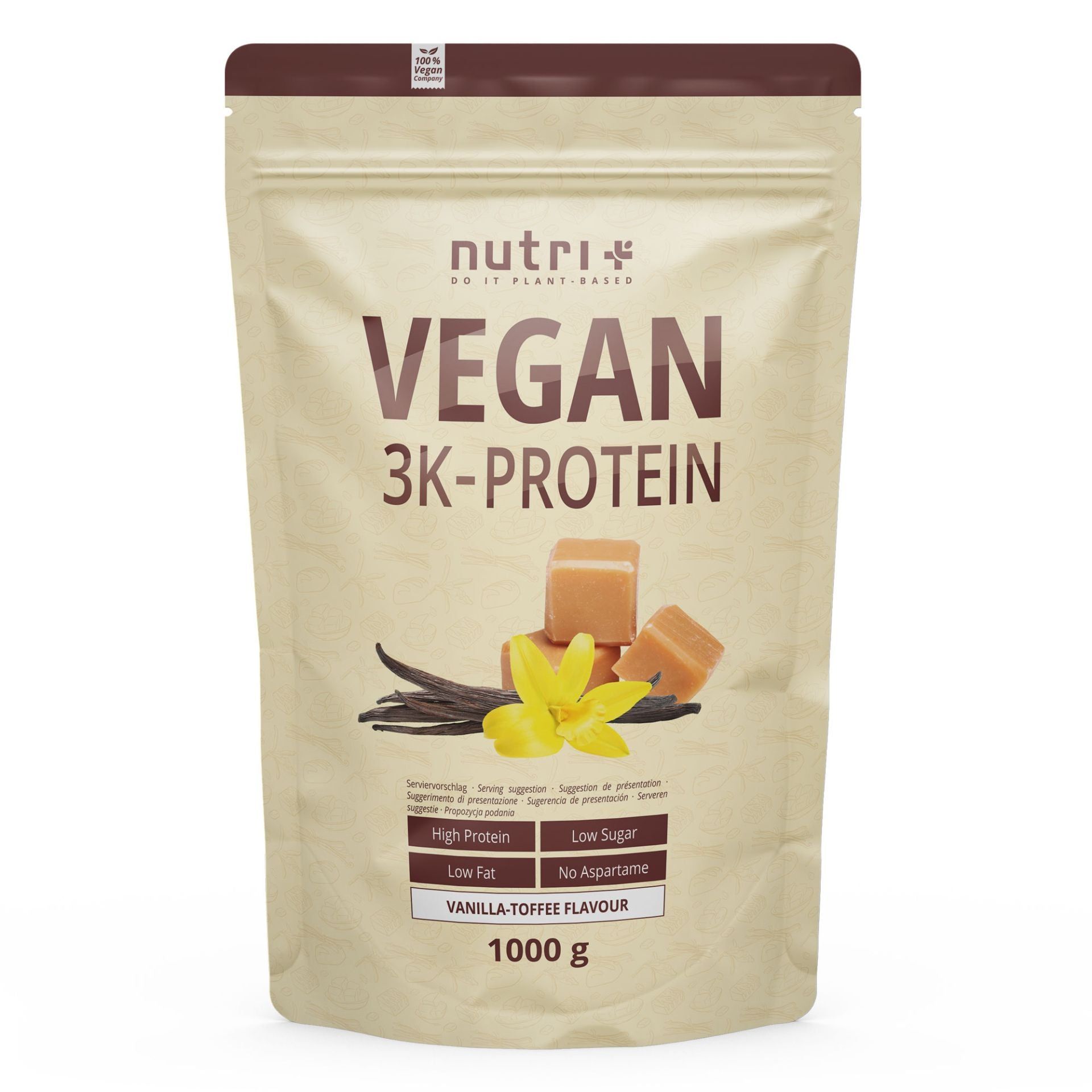Vorderseite einer hellbraunen Verpackung von nutri+ Veganes Proteinpulver 3k, Vanille-Toffee-Geschmack, 1000g.
