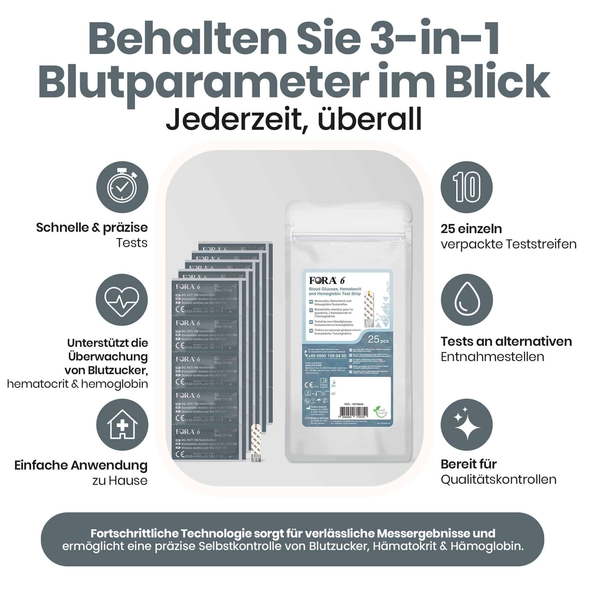 Verpackung mit 25 einzeln verpackten Teststreifen für Blutzucker, Hämatokrit und Hämoglobin. CE-zertifiziert.