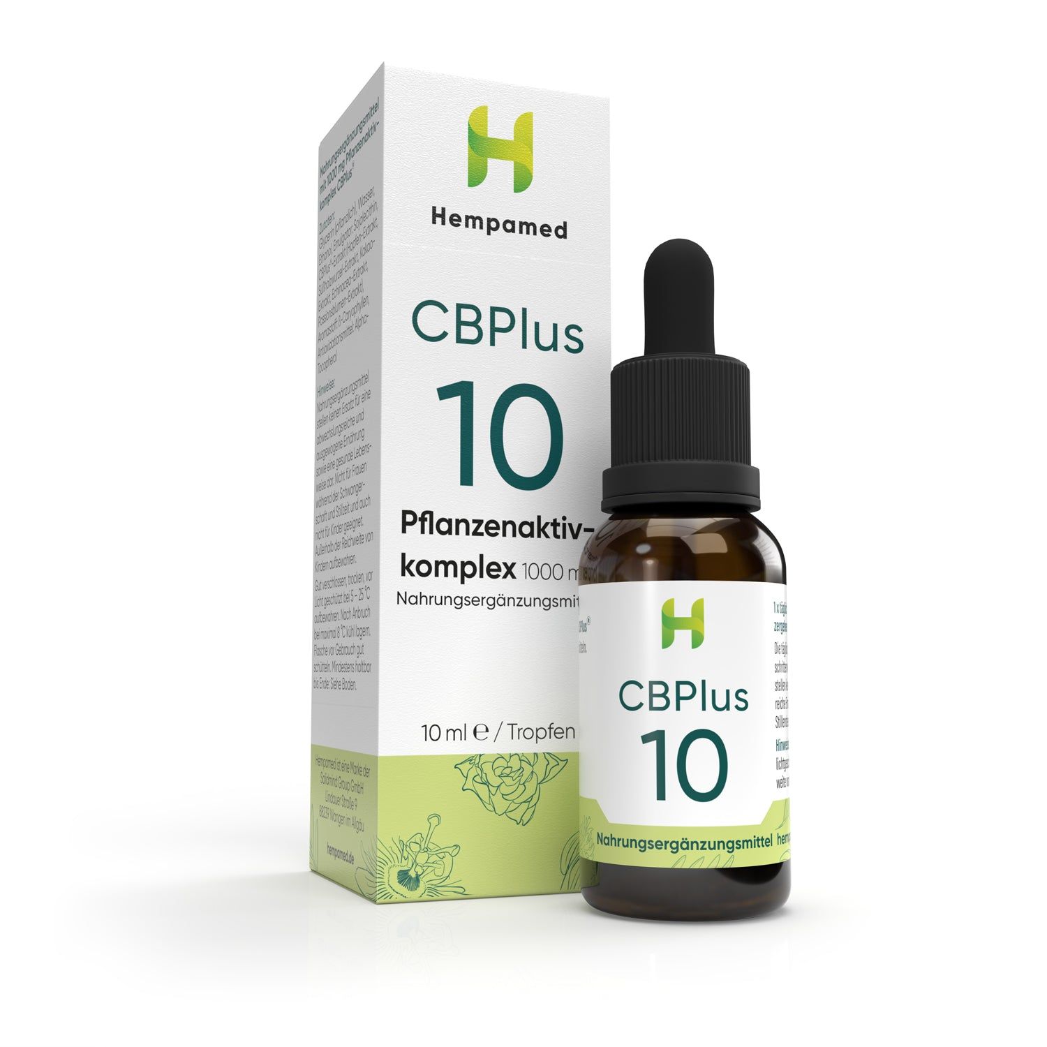 Braune Glasflasche mit Tropfer und weißer Verpackung. Aufschrift: CBPlus 10, Pflanzenaktivkomplex, 10 ml.