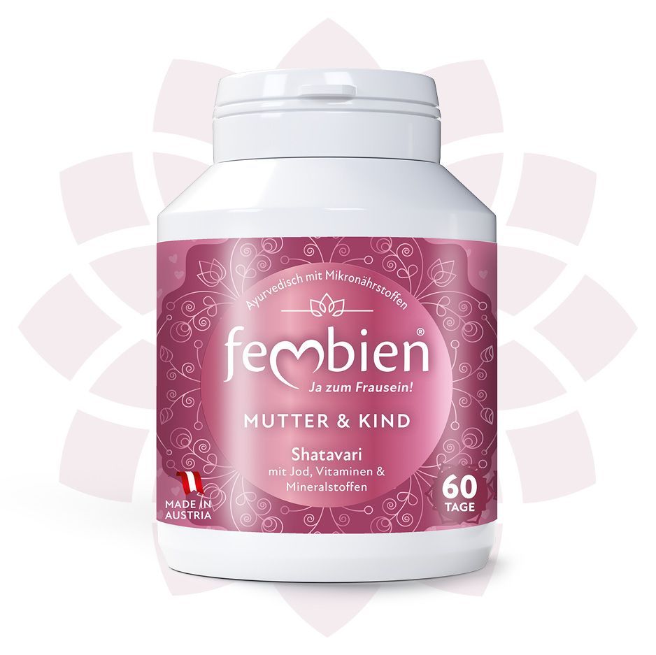 Weißes Pillenbehälter mit rosa Etikett. Aufschrift: Fembien Mutter & Kind, 60 Tage. Hergestellt in Österreich.