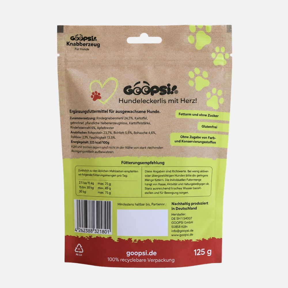 Rückseite einer braunen Papiertüte mit Goopsi Hundeleckerlis. Enthält Zutatenliste und Fütterungsempfehlung.