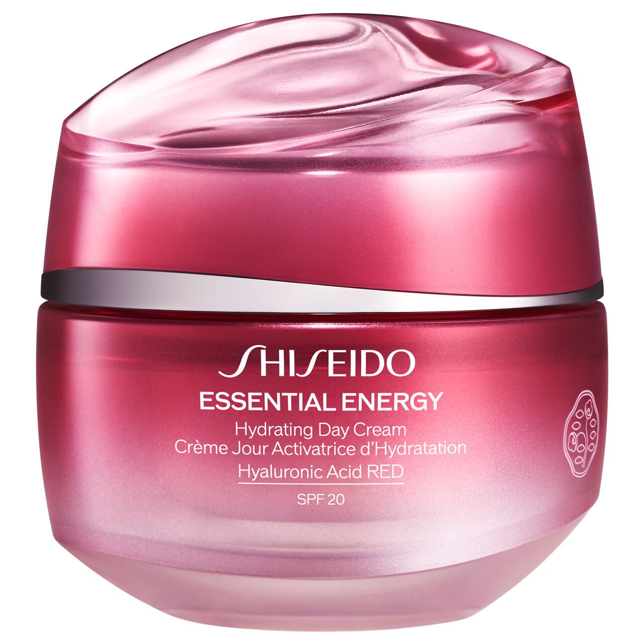 Roter Tiegel mit Shiseido-Titel, Essential Energy, Hydrating Day Cream, SPF 20. Rosa Deckel, silberner Ring, rosa Boden. Text auf dem Tiegel.