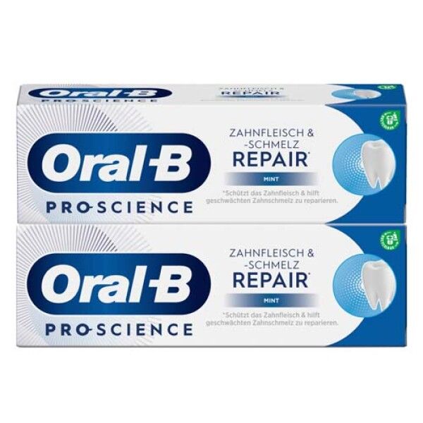 Zwei Zahnpasta-Packungen. Aufschrift: Oral-B Pro-Science, Zahnfleisch & Schmelz Repair, Mint. Weiße Verpackung mit blauem Design.