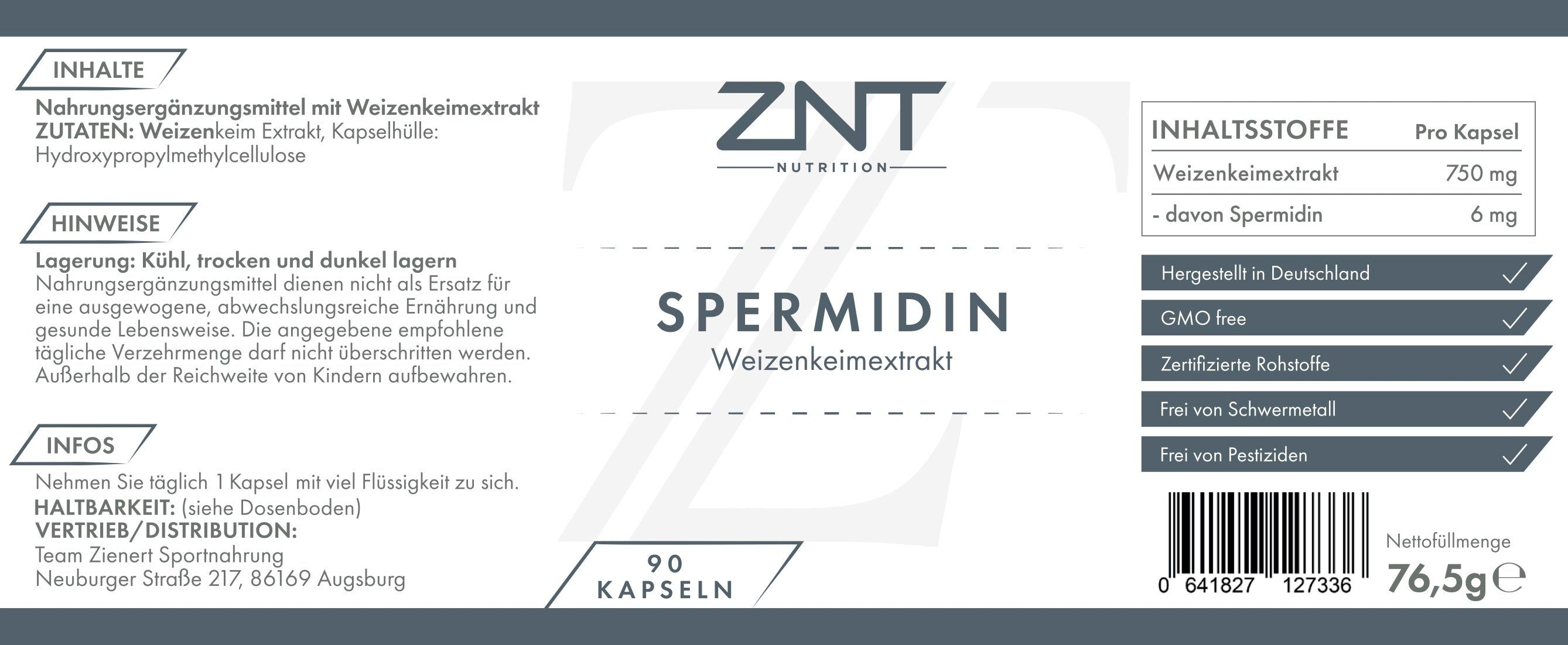 Etikett mit Produktinformationen. ZNT Nutrition Spermidin, Weizenkeimextrakt. Enthält Inhaltsstoffe, Hinweise und Nährwertangaben.