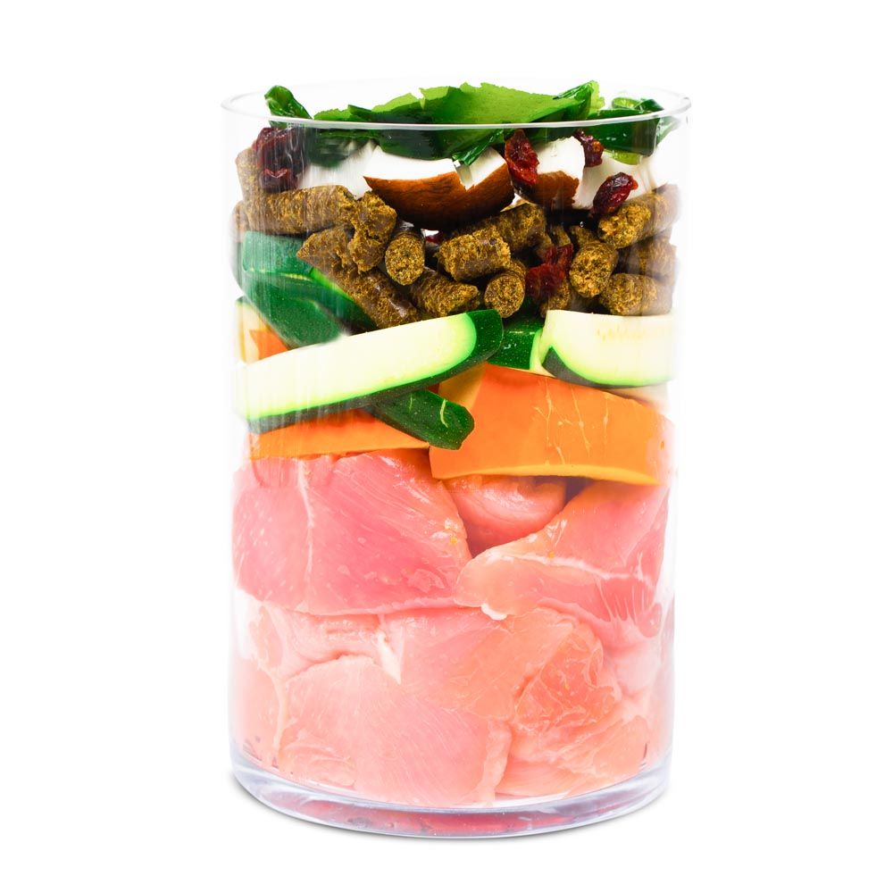 Schichten von Hundefutter-Zutaten in einem Glas: Pute, Karotten, Zucchini, Pellets, Cranberries, Grünkohl.