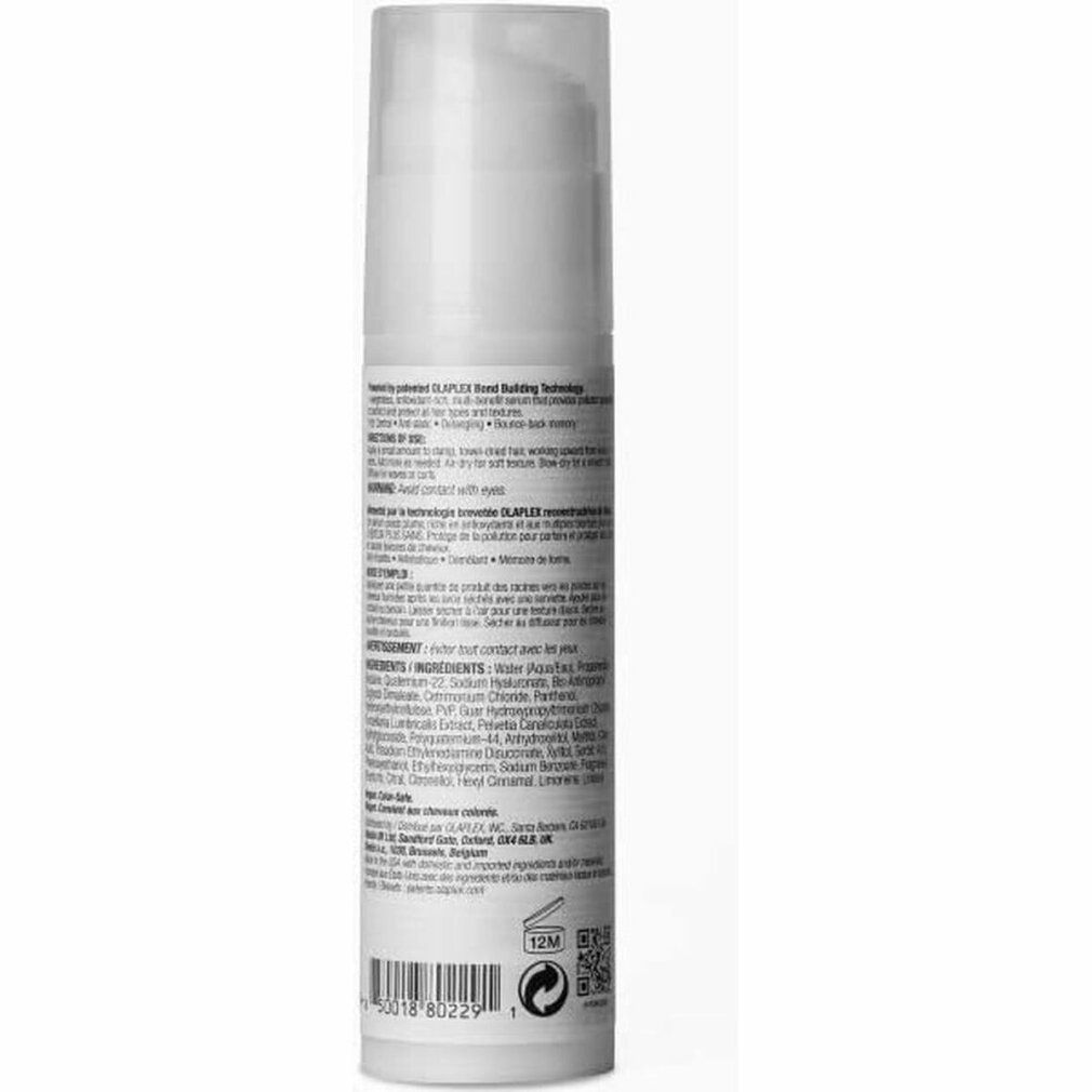 Rückseite des weißen Olaplex No.9 Bond Protector Flakons. Text mit Inhaltsstoffen und Anwendungshinweisen. QR-Code.