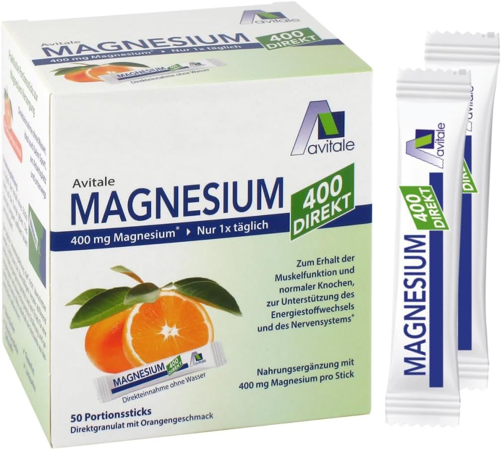 Produktverpackung Avitale Magnesium 400 Direkt Orange. 50 Portionensticks. Mit Orangen.