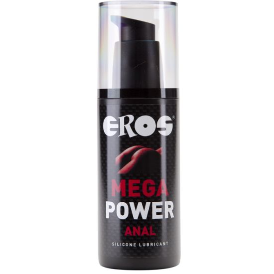 Schwarze Flasche mit Pumpe. Aufschrift: EROS, MEGA POWER ANAL, SILICONE LUBRICANT. Transparentes Oberteil.