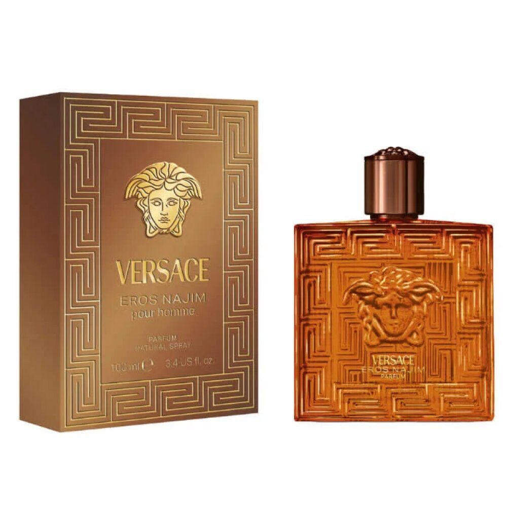 Versace Eros Najim Parfum Flakon und Schachtel mit Medusa-Kopf und geometrischem Muster.