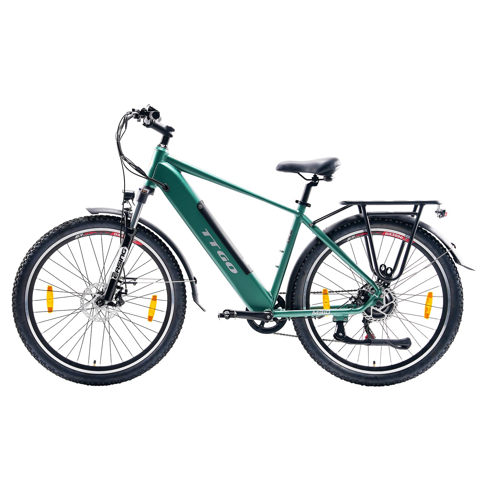 Grünes TTGO E-Bike mit Gepäckträger, schwarzem Sattel und Reifen. Gelbe Reflektoren an den Rädern.
