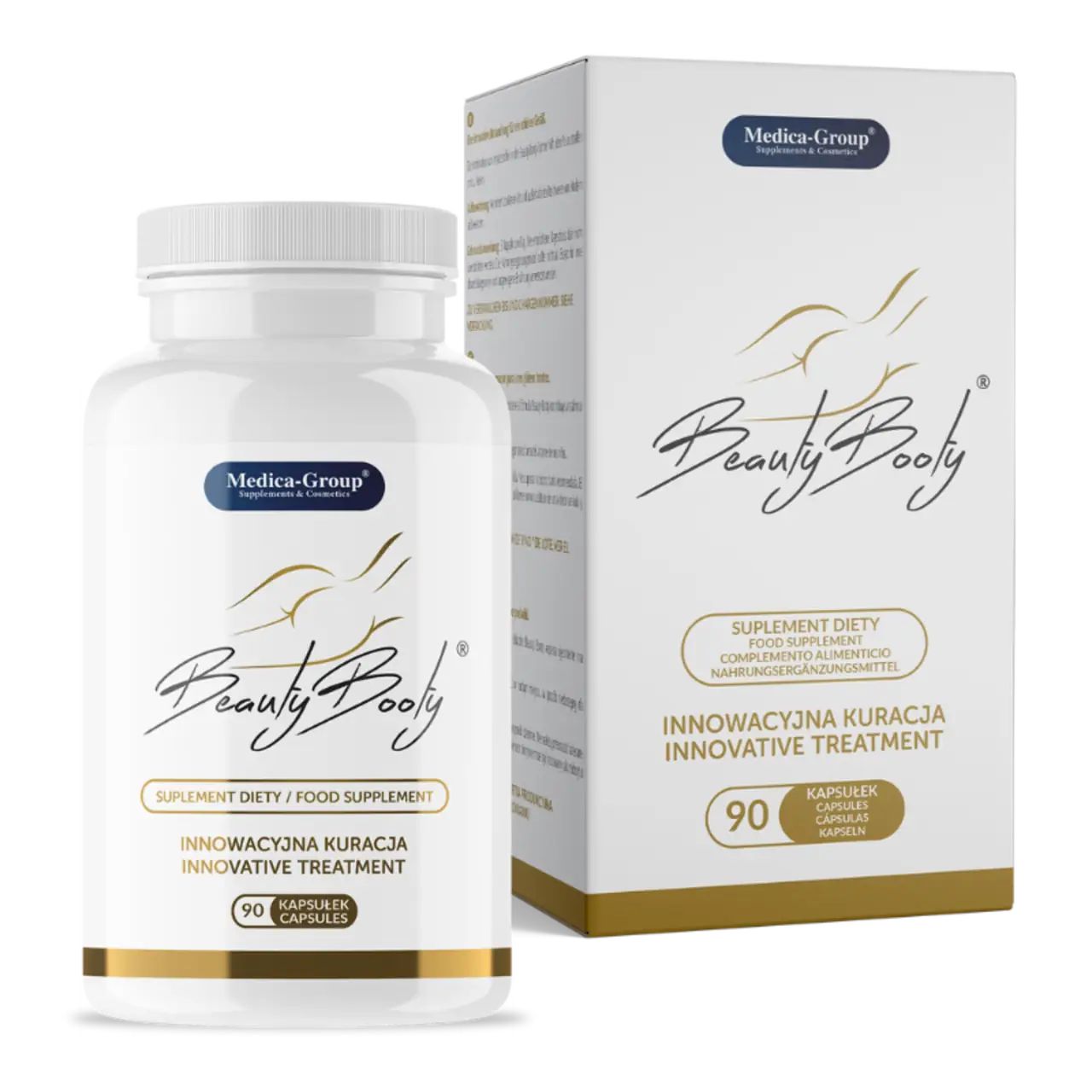 Weiße Flasche und Schachtel mit Produktaufschrift BeautyBooty. Aufschrift Medica-Group. 90 Kapseln. Innovative Behandlung.
