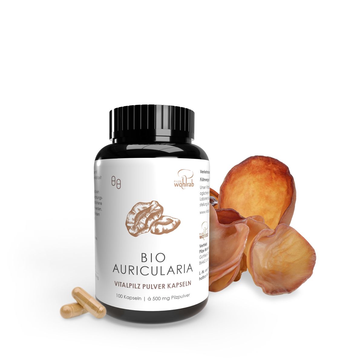 Schwarze Flasche mit Kapseln und Pilzstücken. Aufschrift: BIO AURICULARIA, Vitalpilz Pulver Kapseln. Zwei Kapseln liegen daneben.