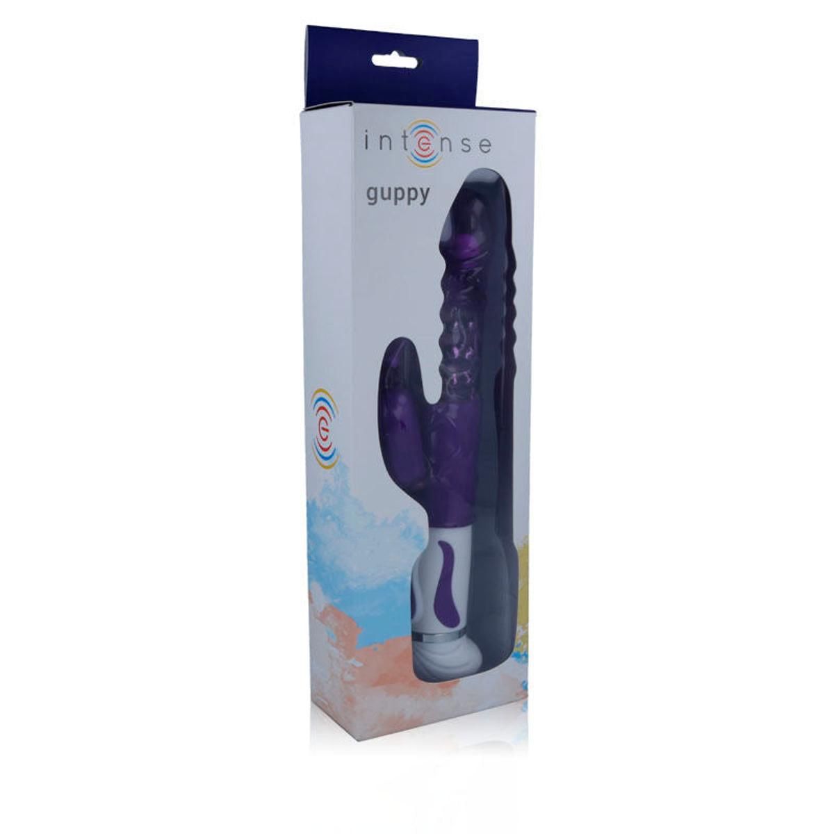 Verpackung mit Vibrator. Weißer Karton mit Produktabbildung. Marke 'Intense' und Produktname 'Guppy' sichtbar.