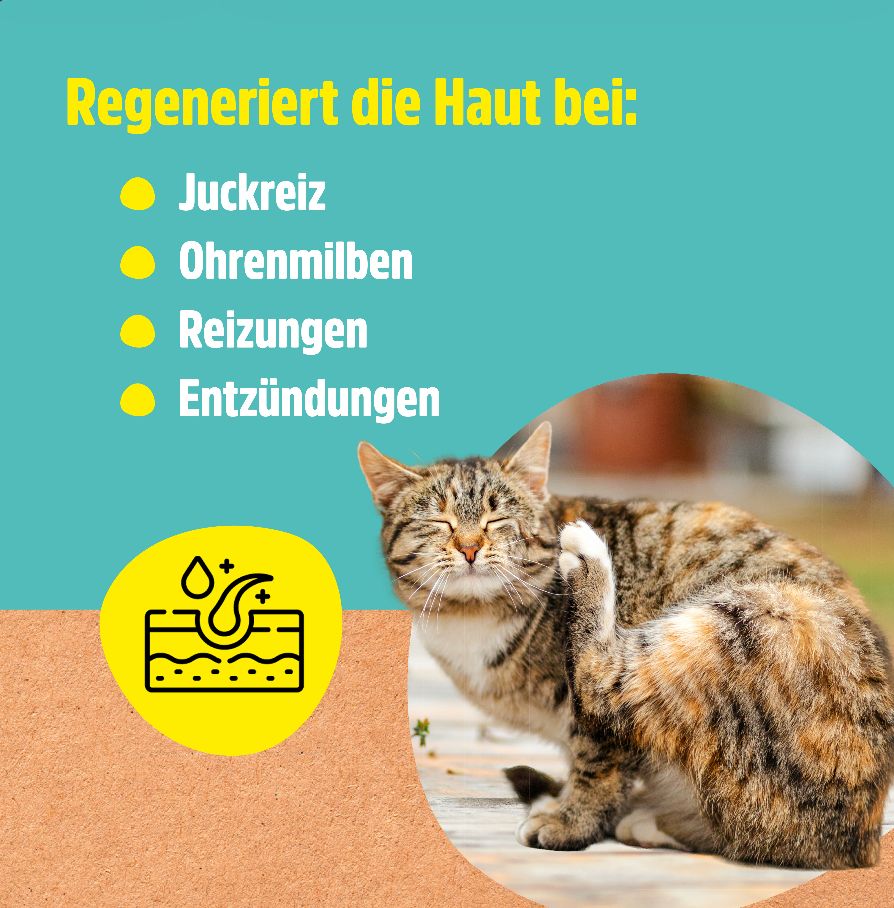 Katze kratzt sich am Ohr. Text: Regeneriert die Haut bei: Juckreiz, Ohrmilben, Reizungen, Entzündungen. Gelbe Punkte.