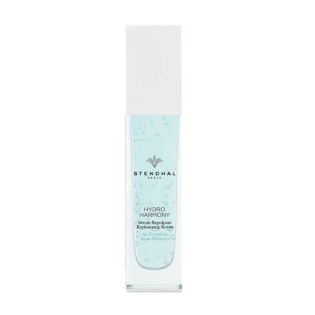 Durchsichtige Flasche mit blauem Serum und weißem Pumpspender, 50ml.