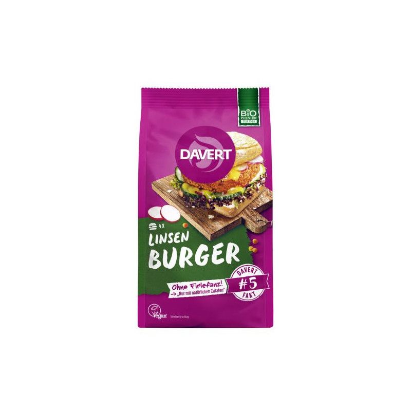 Verpackung von Davert Linsen-Curry Burger. Lila Beutel mit Produktabbildung, Logo und Text. Bio-Siegel.