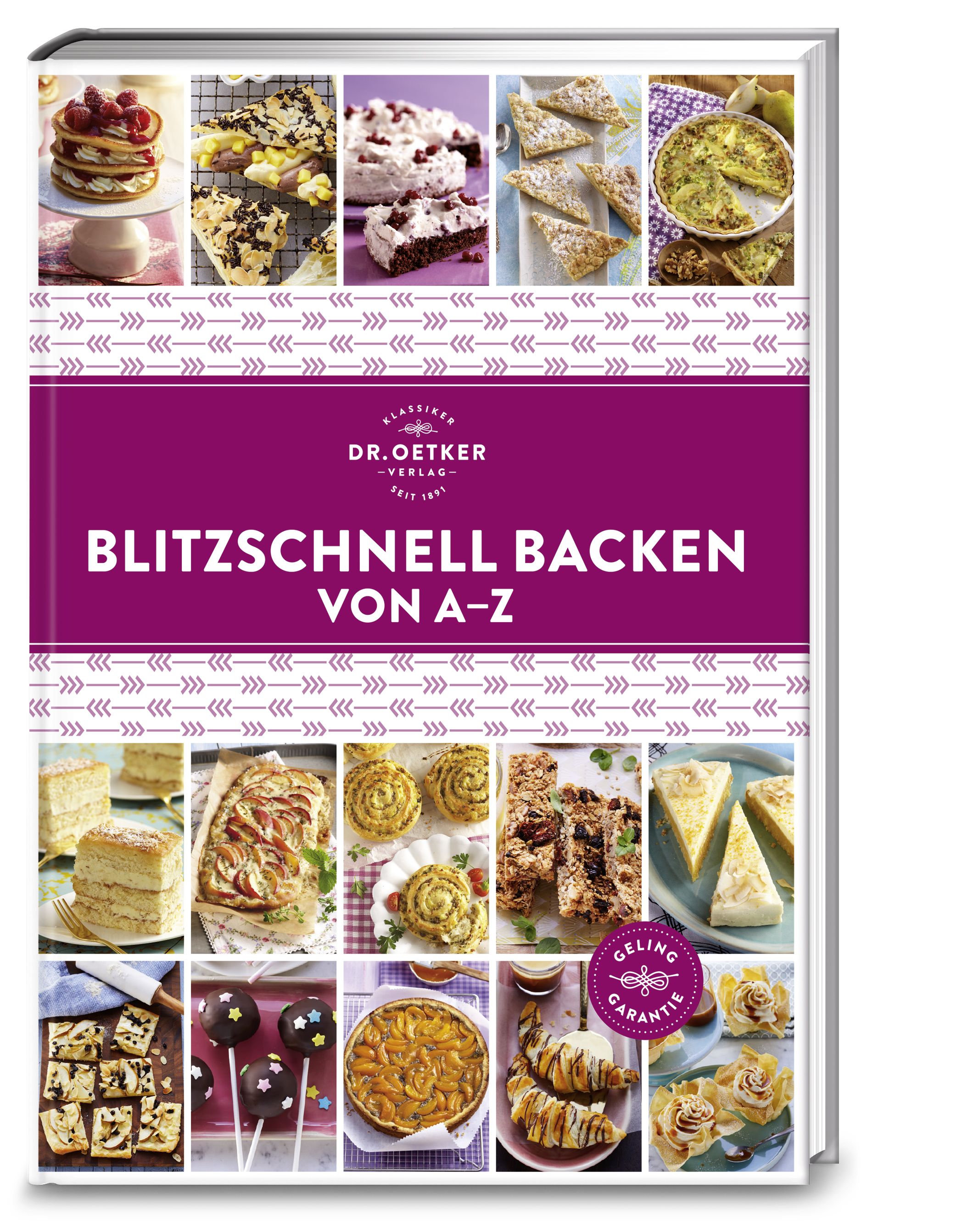 Buchcover mit dem Titel "Blitzschnell Backen von A-Z". Auf dem Cover sind verschiedene Backwaren abgebildet, sowie das Logo von Dr. Oetker.