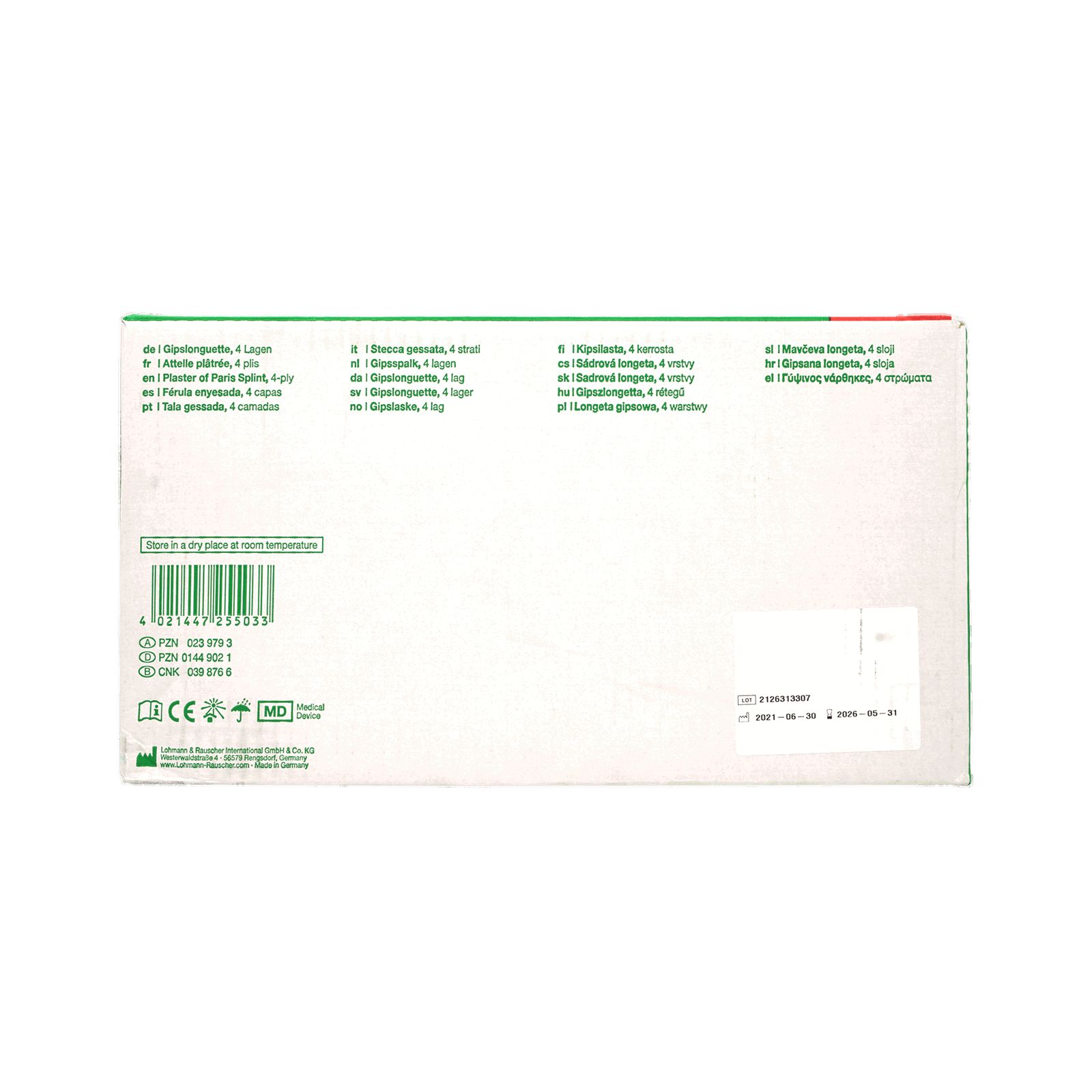 Rückseite der Cellona Gipslonguetten-Verpackung. Mehrsprachige Produktinformationen und Barcode.