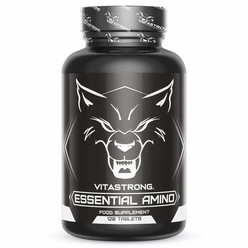 Schwarze Flasche mit Vitastrong Essential Amino, 120 Tabletten. Wolf Logo. Deckel mit Logo.